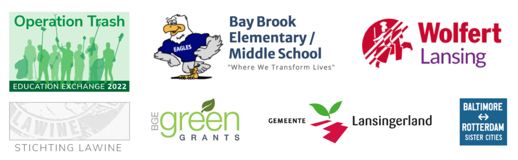 Logos of Operation Trash, Bay Brook & Wolfert Lansing schools, Stichting Lawine, BGE Green Grant, Gemeente Lansingerland, Baltimore-Rotterdam Sister Cities